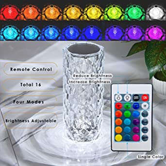 Rose Diamond Crystal Table Lamp – 16 Color RGB Touch & Remote Control