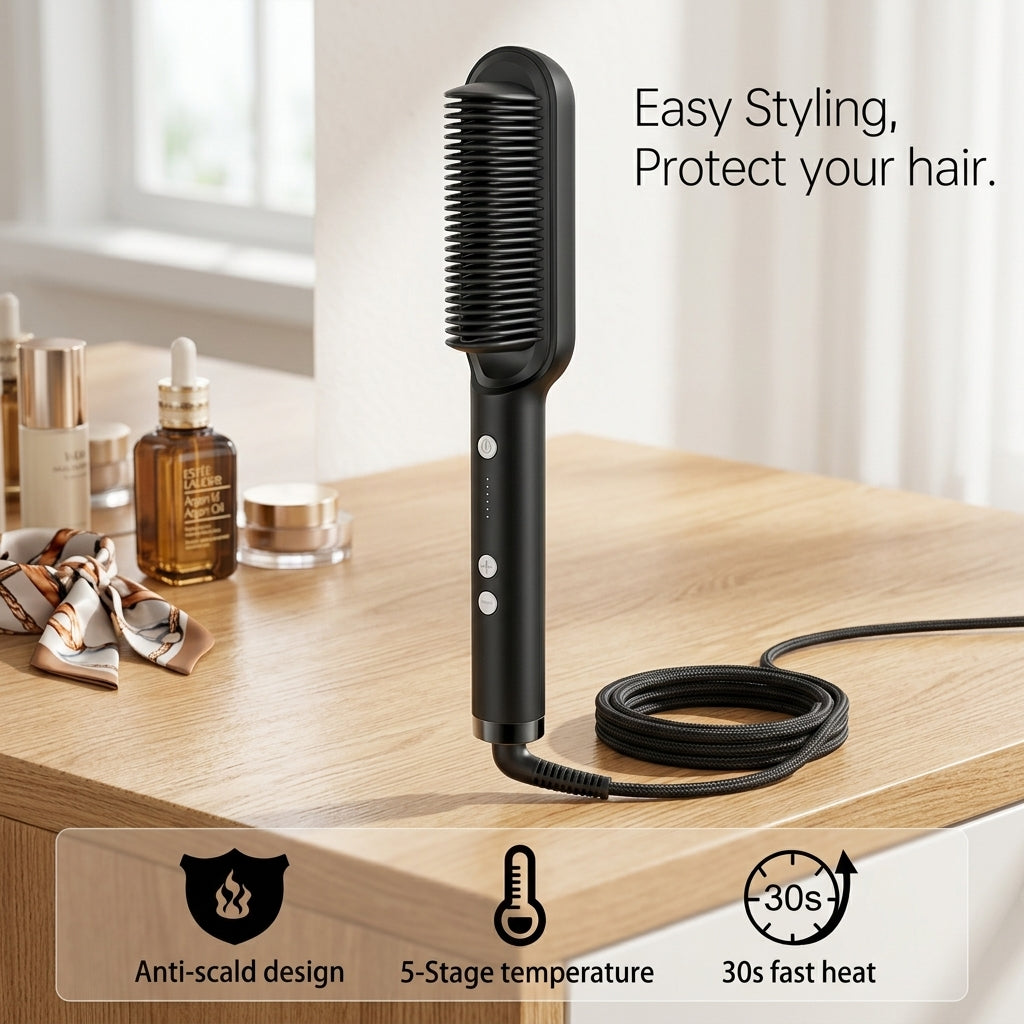 Hair Straightener Brush β 5 Temperature Settings & Anti-Scald Comb