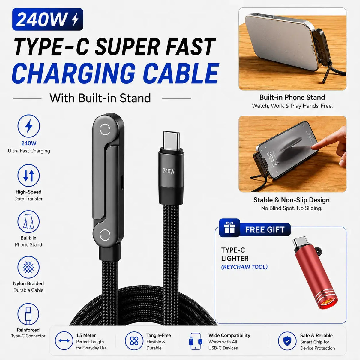 240W 2-in-1 USB-C Data Cable with Stand β 1.5m Nylon Braided