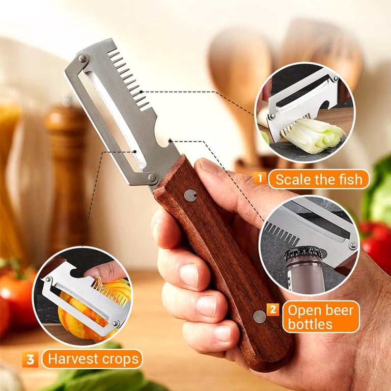 3-in-1 Vegetable Peeler Knife – Stainless Steel with Wooden Handle