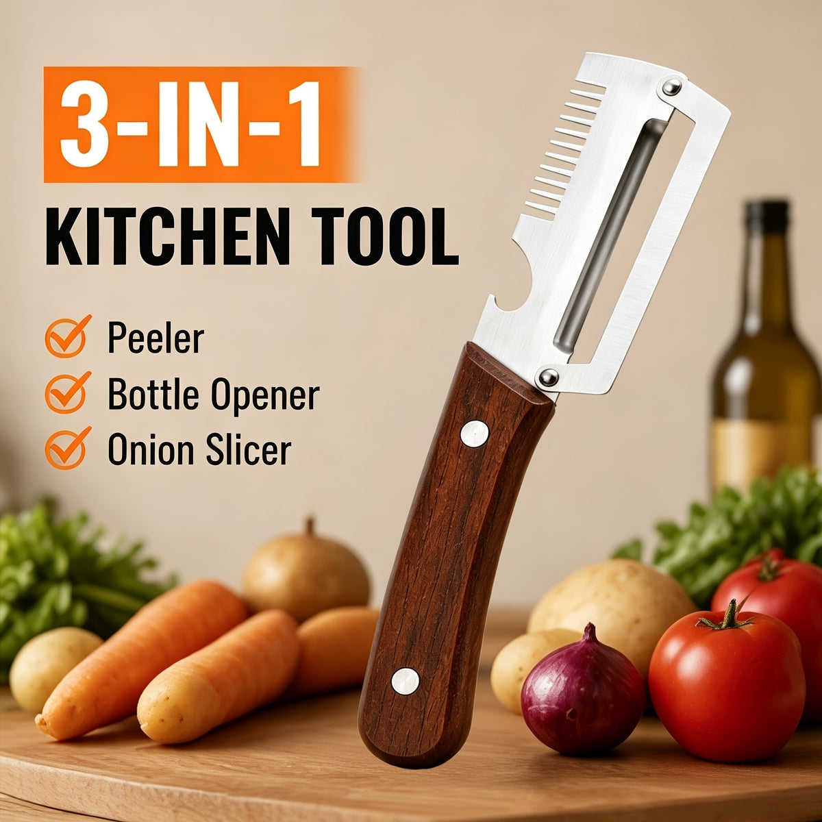 3-in-1 Vegetable Peeler Knife – Stainless Steel with Wooden Handle