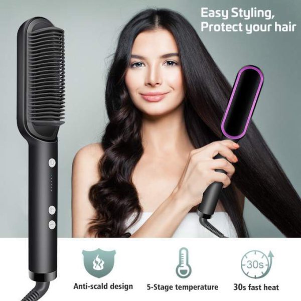 Hair Straightener Brush – 5 Temperature Settings & Anti-Scald Comb