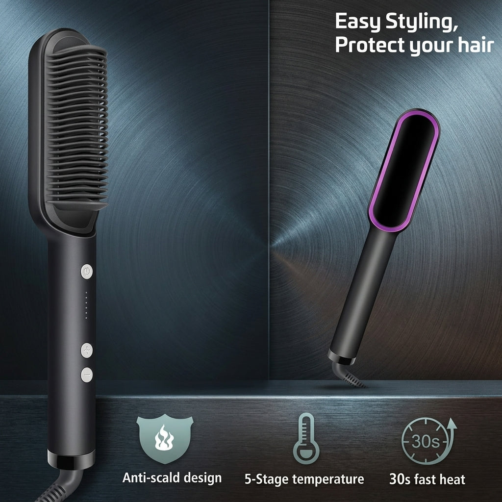 Hair Straightener Brush – 5 Temperature Settings & Anti-Scald Comb