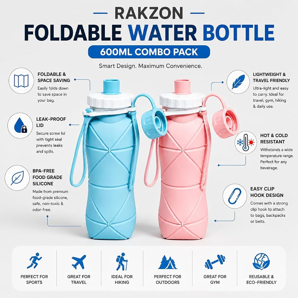 600ml Silicone Folding Bottle – Foldable & Leak-Proof Travel Water Bottle