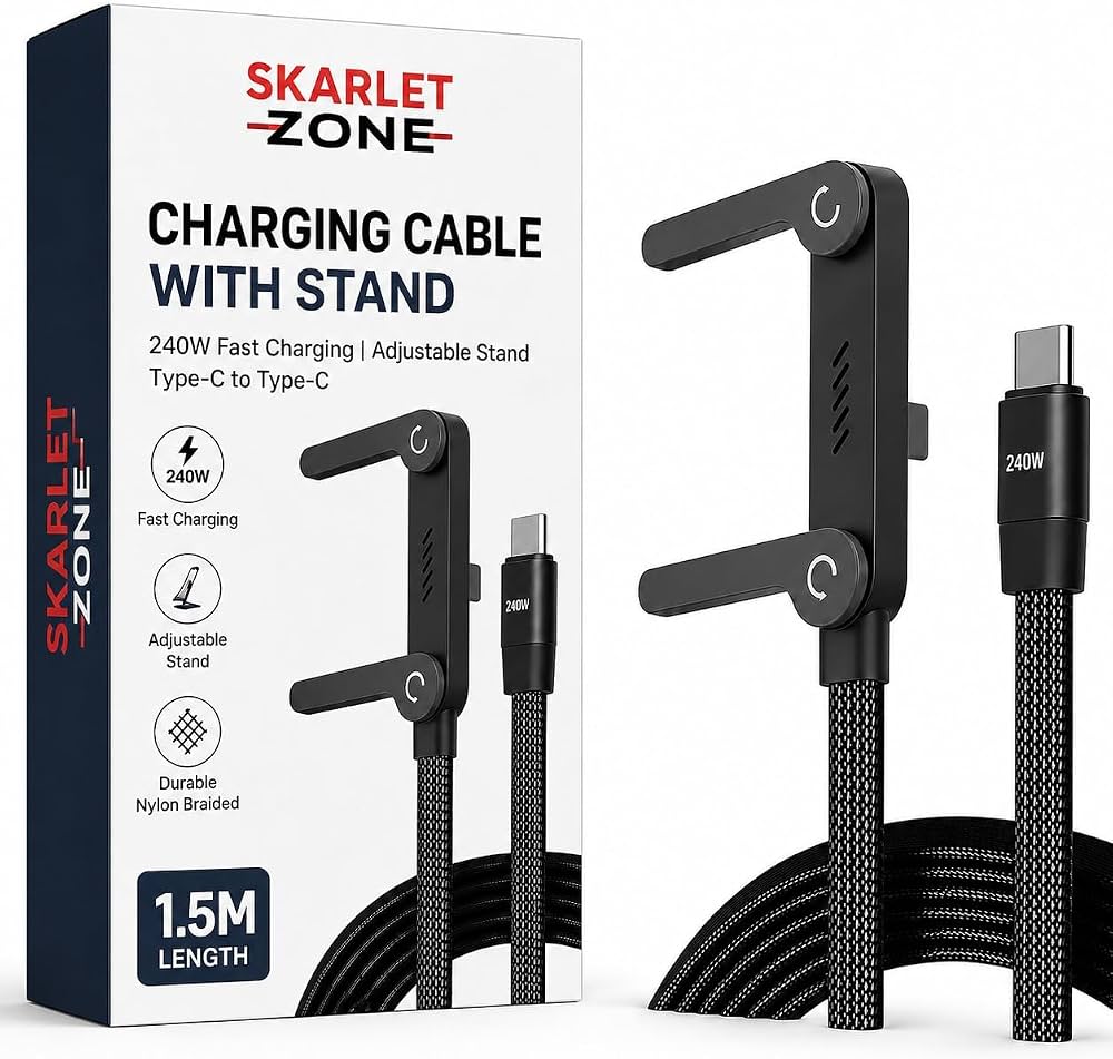 240W 2-in-1 USB-C Data Cable with Stand – 1.5m Nylon Braided