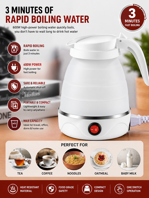 600ml Portable Electric Kettle – Foldable Silicone Travel Kettle